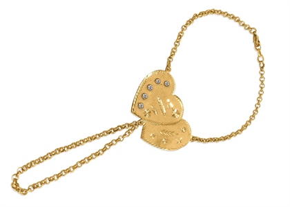 Gold Plated CZ Studded Womens Double Heart Bracelet